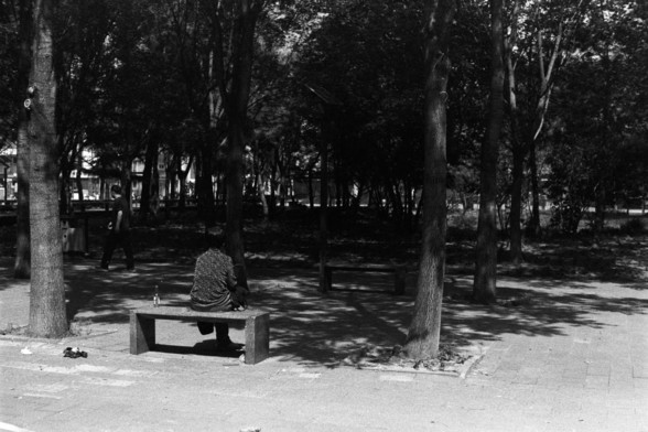 Fujifilm Neopan 100 SS (FF)

---

🇬🇧 English Alt Text:
A black and white photo of a peaceful park scene. A person sits alone on a bench in the foreground, facing away from the camera, with a bottle beside them. In the background, another person walks beneath the tree canopy. The image is shaded and quiet, evoking a sense of solitude and reflection.

🇨🇳 中文替代文字：
一张黑白照片，展示宁静的公园场景。前景中，一位人物背对镜头独自坐在长椅上，旁边放着一个瓶子。背景中，另一位人物在树荫下行走。画面安静而沉思，营造出一种孤独与思索的氛围。

---