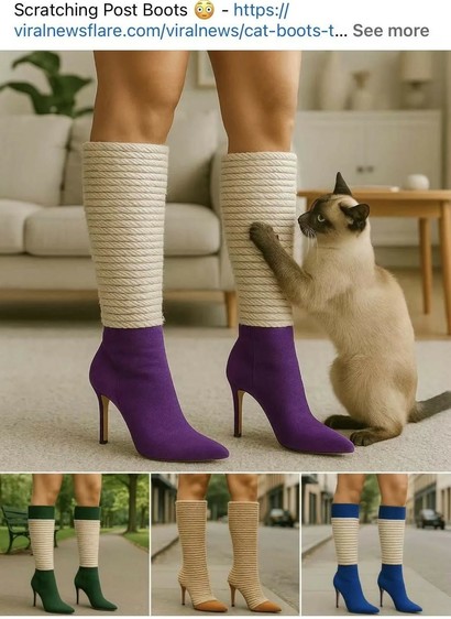 Women’s dress boots that are also cat scratching posts. A Siamese cat is posed scratching a boot on a woman’s leg.