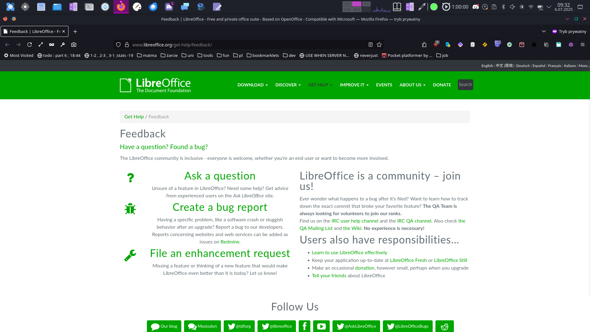 on page is listed: irc in like 3 places, mailing list, bug tracker and forum + at bottom bunch of generic SoMe like facebook or twitter