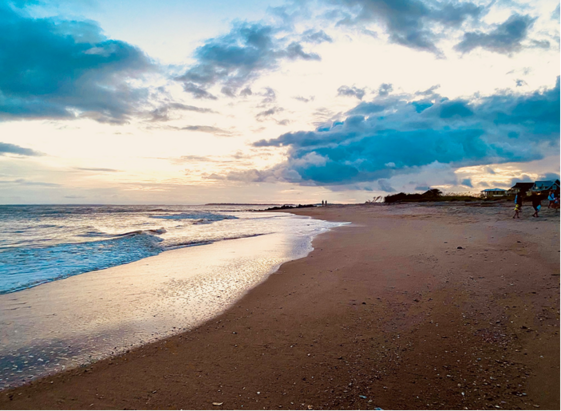 Color image of the Atlantic ocean's waterfront beachfall at Edisto Beach, Edisto Island, Colleton County, South Carolina, USA. Image shows the waves lapping at the beach under a blue sky dappled with clouds.