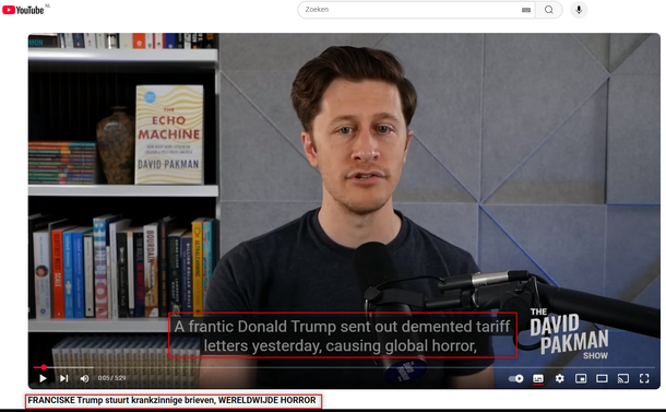 begin van David Pakman show video op youtube
met titel "FRANCISKE Trump stuurt krankzinnige brieven, WERELDWIJDE HORROR"
terwijl de presentator zegt "A frantic Donald Trump sent demented letters yesterday, causing global horror"