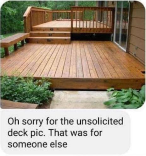 Picture of an outdoor wooden deck, with some small greenery in front.
“Oh sorry for the unsolicited deck pic. That was for someone else.”