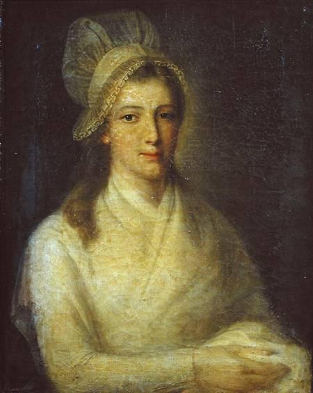 Painting of Charlotte Corday in prison hours before her death. She is a white woman with fair hair beneath a very big lace bonnet.