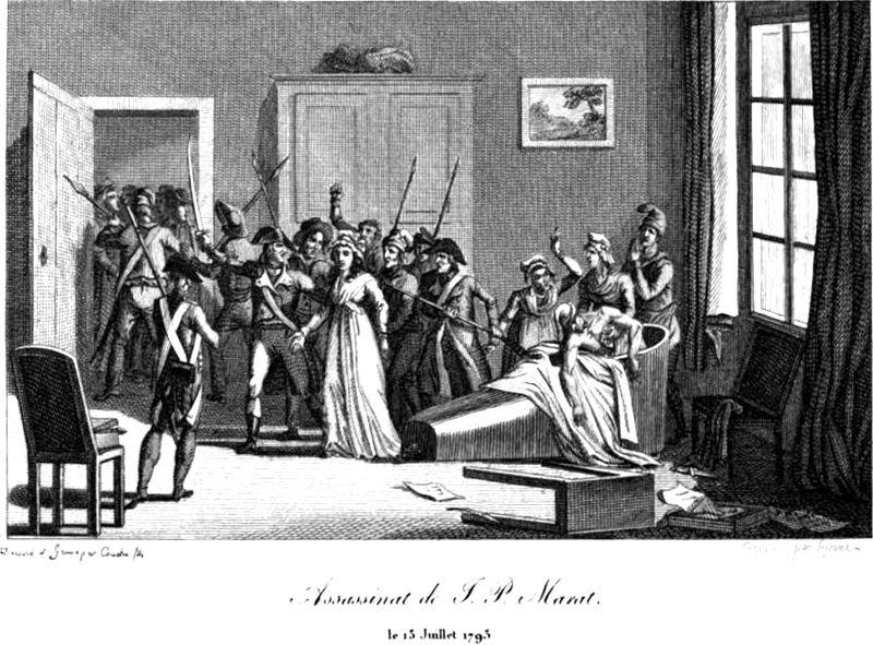 lithograph of the assassination scene as Charlotte Corday is arrested by soldiers and women weep over Marat in his bath
