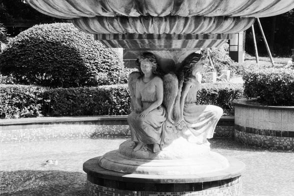 Foma FOMAPAN 400 Action (FF)

🕊️ English alt text:
A detailed fountain featuring two winged angel-like figures sitting back-to-back on a sculptural base. Their wings are gracefully extended, and their robes flow naturally over the contours of the fountain. Surrounded by neatly trimmed hedges and a tiled water basin, the scene exudes calm elegance in an outdoor garden setting.

🕊️ 中文替代文字：
一个精致的喷泉，底座上背靠背坐着两位带翅膀的天使般雕像，羽翼优雅展开，袍服自然垂落，雕刻精美。喷泉周围环绕着修剪整齐的绿篱和瓷砖水池，整体环境宁静而高雅，仿佛置身于一处花园中的艺术角落。