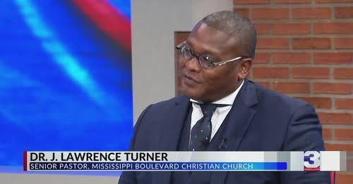 A man in a tie and glasses. Lower thirds title "Dr. J. Lawrence Turner, Senior Pastor, Mississippi Boulevard Christian Church"