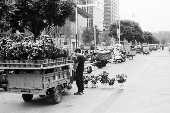 Foma FOMAPAN 400 Action (FF)

📝 English alt text:
A black and white street photo showing a man standing beside a small truck loaded with potted plants. Several additional plants are arranged on the ground in front of the vehicle. The background features urban elements such as parked motorcycles, scooters, other small trucks, buildings, and trees. The overall scene conveys a casual, everyday atmosphere with a timeless, documentary-style quality.

📝 中文替代文本：
一张黑白街头照片，一名男子站在载满盆栽的小卡车旁，车前地面上也摆放着一些盆栽。…