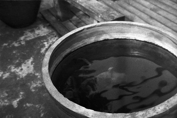 Ilford FP4 Plus 125 (FF)

**English:**
A black and white photograph showing a large pot filled with water. The pot is placed on a wooden surface. The surrounding area appears to be outdoors, with some plants and possibly a garden setting.

**Chinese:**
一张黑白照片，展示了一个装满水的大陶缸。缸放在木质表面上。周围的环境看起来像是户外，有些植物，可能是一个花园场景。