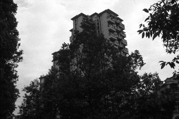 Ilford FP4 Plus 125 (FF)

🇬🇧 English Alt Text

A black-and-white photo of a tall apartment building partially obscured by surrounding trees. The building has multiple balconies and rises several stories against a cloudy sky. The overcast lighting and layered composition give the scene a quiet, almost somber urban vibe.

🇨🇳 中文替代文本

一张黑白照片，高层公寓楼被周围的树木部分遮挡。建筑拥有多层阳台，在阴云密布的天空下耸立。昏暗的光线与层次分明的画面构成，营造出一种静谧甚至略带忧郁的城市氛围。