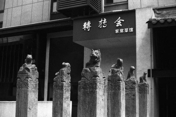 Ilford FP4 Plus 125 (FF)

English alt text: A row of stone pillars topped with intricately carved animal figures, including a tiger, stands in front of a Chinese building. The building features signs with Chinese characters suggesting a traditional family-style restaurant or cultural venue.

中文替代文字： 一排石柱矗立在一栋建筑前，每根石柱顶部都雕有精致的动物形象，包括一只老虎。建筑上挂有招牌，展现出浓厚的传统文化和地方风情。