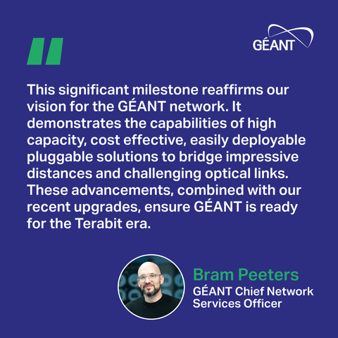 Quote by Bram Peeters: “This significant milestone reaffirms our vision for the GÉANT network. It emonstrates the capabilities of high capacity, cost effective, easily deployable pluggable solutions to bridge impressive distances and challenging optical links. These advancements, combined with our recent upgrades, ensure GÉANT is ready for the Terabit era.”