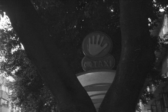 Ilford FP4 Plus 125 (FF)

🚖 English Alt Text
A black-and-white photo of a “TAXI” sign partially hidden between two thick tree trunks. The sign features an illustrated hand above the word “TAXI.” In the background, leafy branches and parts of urban buildings are visible, blending natural and city elements.

🌳 中文替代文字
一张黑白照片，画面中一个“出租车”标志被两棵粗大的树干部分遮挡。标志上有一个手的图案，其下写有“TAXI”字样。背景中是茂密的树枝和一些城市建筑，展现自然与城市景观的交错。