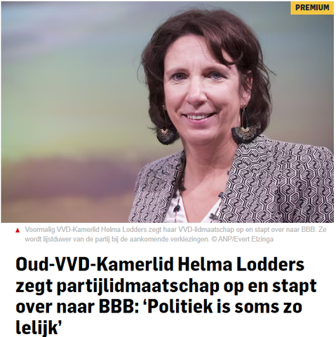 Foto van Helma Lodders. Tekst eronder: Oud-VVD-Kamerlid Helma Lodders zegt partijlidmaatschap op en stapt over naar BBB: ‘Politiek is soms zo lelijk’
In kleine letters: "Voormalig VVD-Kamerlid Helma Lodders zegt haar VVD-lidmaatschap op en stapt over naar BBB. Ze wordt lijstduwer van de partij bij de aankomende verkiezingen. © ANP/Evert Elzinga"