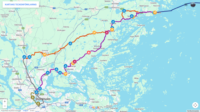 En kartbild med vägbeskrivningar från en google-mapskarta. Visar sträckan Stockholm-Kapellskär