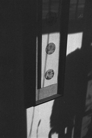 Ilford FP4 Plus 125 (FF)

📝 English Alt Text
A black and white photograph showing a framed piece of art featuring two circular, floral-like designs. The frame is partially shrouded in shadow, with light and dark contrasts creating a moody, dramatic effect across the wall.

🖋️ 中文替代文字
一张黑白照片，展示了一个带有两个圆形花卉图案的装饰画框。画框部分笼罩在阴影中，光影在墙上形成了浓烈而戏剧性的对比效果。