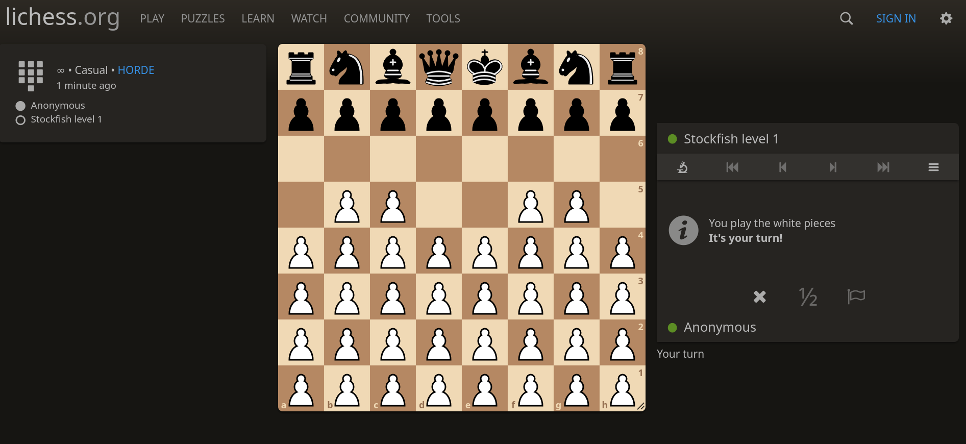Showing the starting position of "Horde" in the Lichess website. The black pieces are set up as normally, but the 16 white pieces have all been replaced with pawns, then another 20 white pawns have been added. Showing the starting position of "Horde" in the Lichess website. The black pieces are set up as normally, but the 16 white pieces have all been replaced with pawns, then another 20 white pawns have been added.
