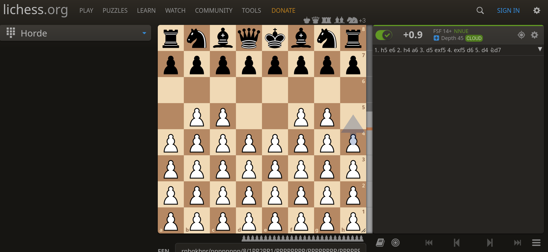 The starting position for Horde has a +0.9 (more or less equal) eval from Stockfish.
