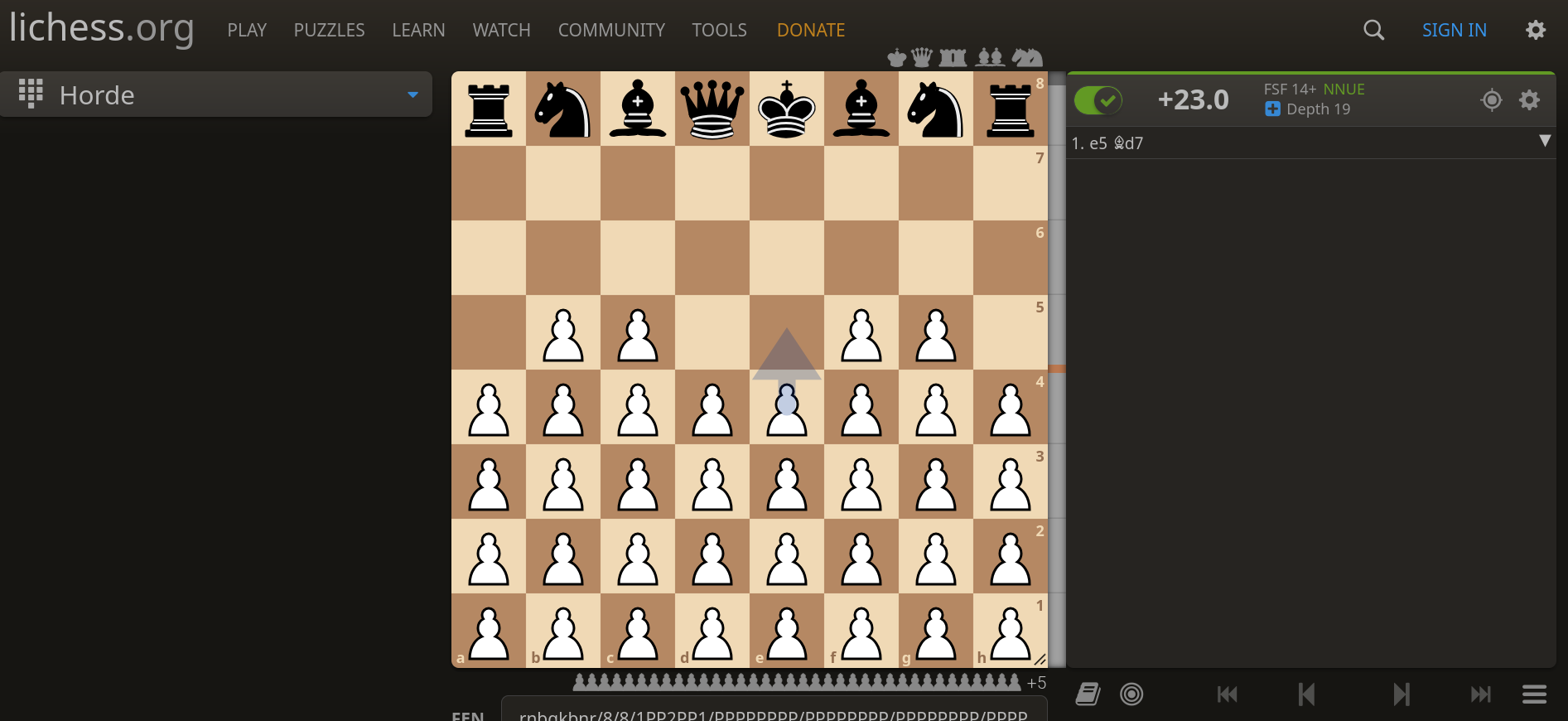 Without the "state" pawns, the eval for the Horde starting position changes to +23 (pawns only team will win).