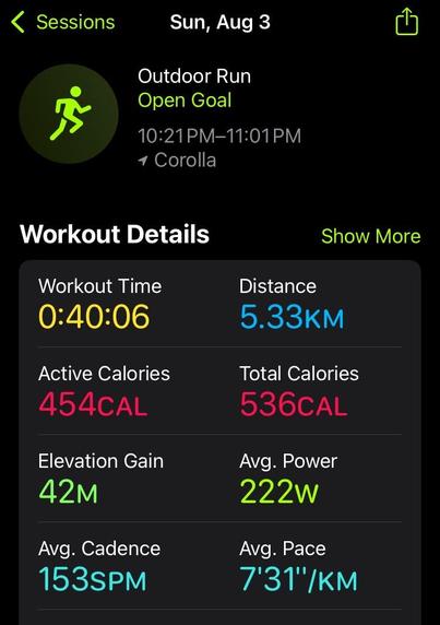 My running stats: 5.33km in 40:06 for an average pace of 7:31/km