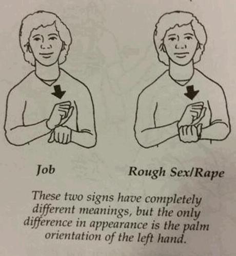 Alleged image of someone demonstrating two ASL signs.
One is labeled “job” and the other is labeled “rough sex/rape”
Caption: These two signs have completely different meanings, but the only difference in appearance is the palm orientation of the left hand.