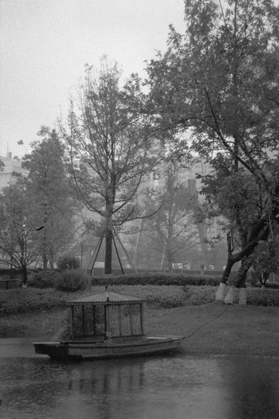 Ilford Pan 400 (FF)

**English:**
A black-and-white image capturing a small boat with a covered structure floating on a pond. The boat is centrally positioned in the frame, with the pond's surface reflecting light. The surrounding area is lush with trees and greenery, creating a peaceful atmosphere. The background includes more trees and some distant structures, indicating the setting might be within a park.

**Chinese:**
一张黑白照片，捕捉到一艘带有遮盖结构的小船漂浮在池塘上。小船位于画面中央，池塘的水面反射着光线。周围地区郁郁葱葱，树木和绿地营造出宁静的氛围。背景…