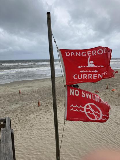 Two red flags indicating "DANGEROUS CURRENTS" and "NO SWIMMING" are mounted on a pole at a beach. The ocean is visible in the background, with very cloudy skies and choppy waves.