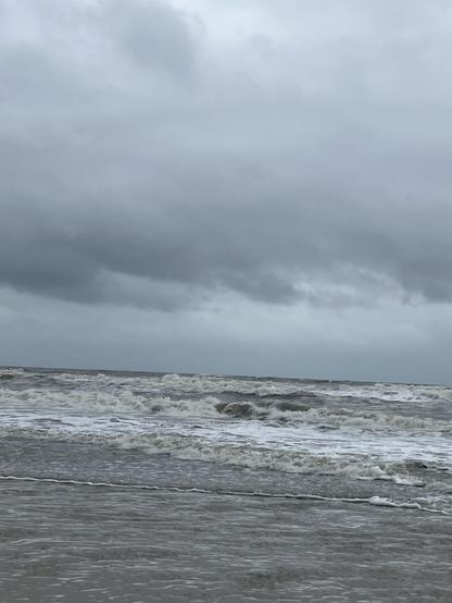 A stormy beach scene featuring turbulent gray waters under a cloudy sky. Waves crash onto the shore, creating foam on the sand.