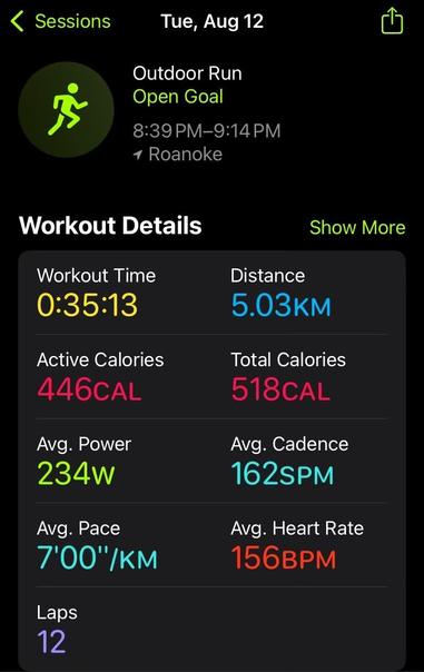 My running stats: 5.03 km in 35:13 for an average pace of 7:00/km. 
