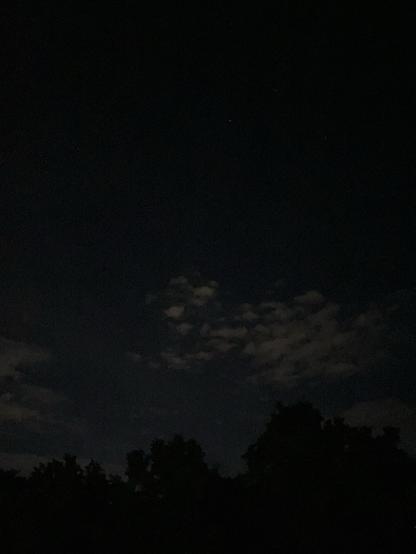 A dark night sky with faint clouds and a silhouette of trees at the bottom.