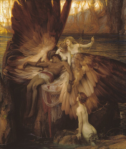 A late-Victorian painting entitled "The Lament for Icarus" by Herbert James Draper, painted in 1898. Icarus, dead, is lying on his back with his wings splayed out. His body is being attended too by three nymphs. 