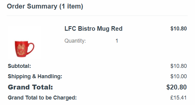 An order summary showing the mug price of $10.80 and a Shipping and Handling charge of $10.00, for a Grand Total of $20.80.