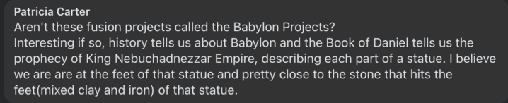 Screenshot in a fusion energy conversation showing a comment featuring a conspiracy/off-the-wall idea/religious scheme