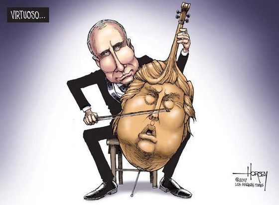 Putin playing a violoncello almost completely made of Trump's head. The bow is touching Trump's nose.