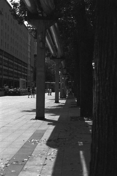 Ilford FP4 Plus 125 (FF)
English Alt Text:
A black and white urban street scene with trees lining the right side and concrete pillars supporting an elevated structure diagonally across the image. People walk and sit along the sidewalk, with buildings in the background.

中文替代文字：
黑白城市街景，右侧是一排树木，混凝土柱子支撑着斜穿画面的高架结构。人们在人行道上行走或坐着，背景中是多层建筑。