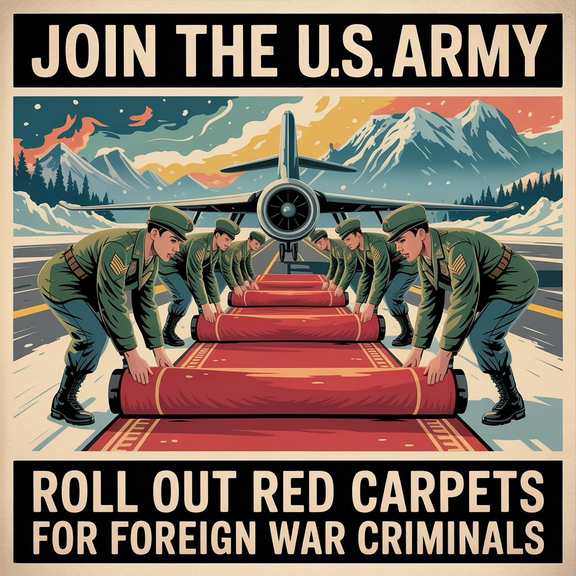 Cartoon mocking that picture that showed US soldiers forced to kneel on a tarmac and roll out of red carpet for fucking Putin. It's been posterized like it's being used for recruitment.
"JOIN THE US ARMY: ROLL OUT RED CARPETS FOR FOREIGN WAR CRIMINALS"

from @its_our_future_stupid on Ig