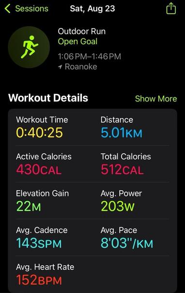My running/walking stats: 5.01 km in 40:25 for an average pace of 8:03/km