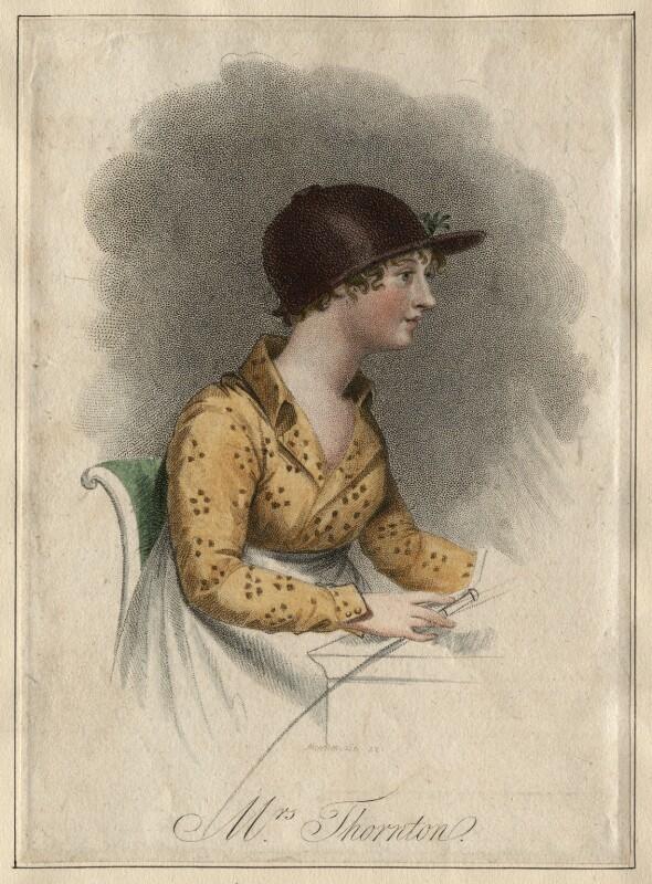An engraving of Alicia.  She is a white woman dressed like an Austen heroine, apart from the jockey's cap on her head.
