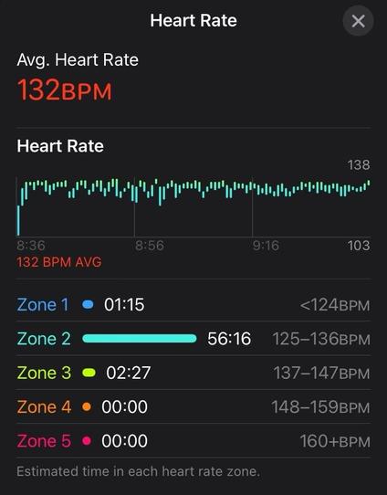Graphic displaying heart rate data. Average heart rate is 132 BPM. A line graph shows heart rate fluctuations over time, with time intervals labeled. Breakdown of time spent in different heart rate zones: Zone 1 (1:15), Zone 2 (56:16), and Zone 3 (2:27)