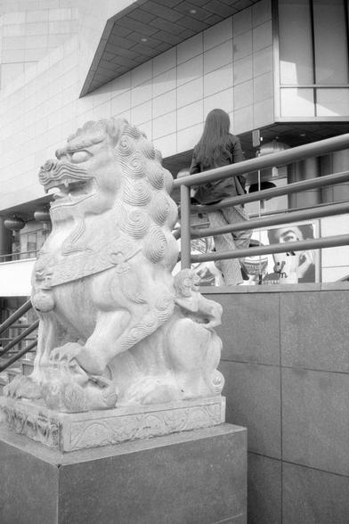 Kentmere Pan 200 (FF)

English Alt Text:
A stone guardian lion statue sits atop a pedestal near a modern building. Its mane is intricately carved, and its fierce expression commands attention. One paw rests on a decoration, while a smaller lion cub is sculpted beneath its body. A person with long hair stands nearby stairs against the metal railings. Behind them, a building facade with large windows and a poster featuring a human face adds contrast between tradition and modernity.

中文替代文字：
一尊石雕中…