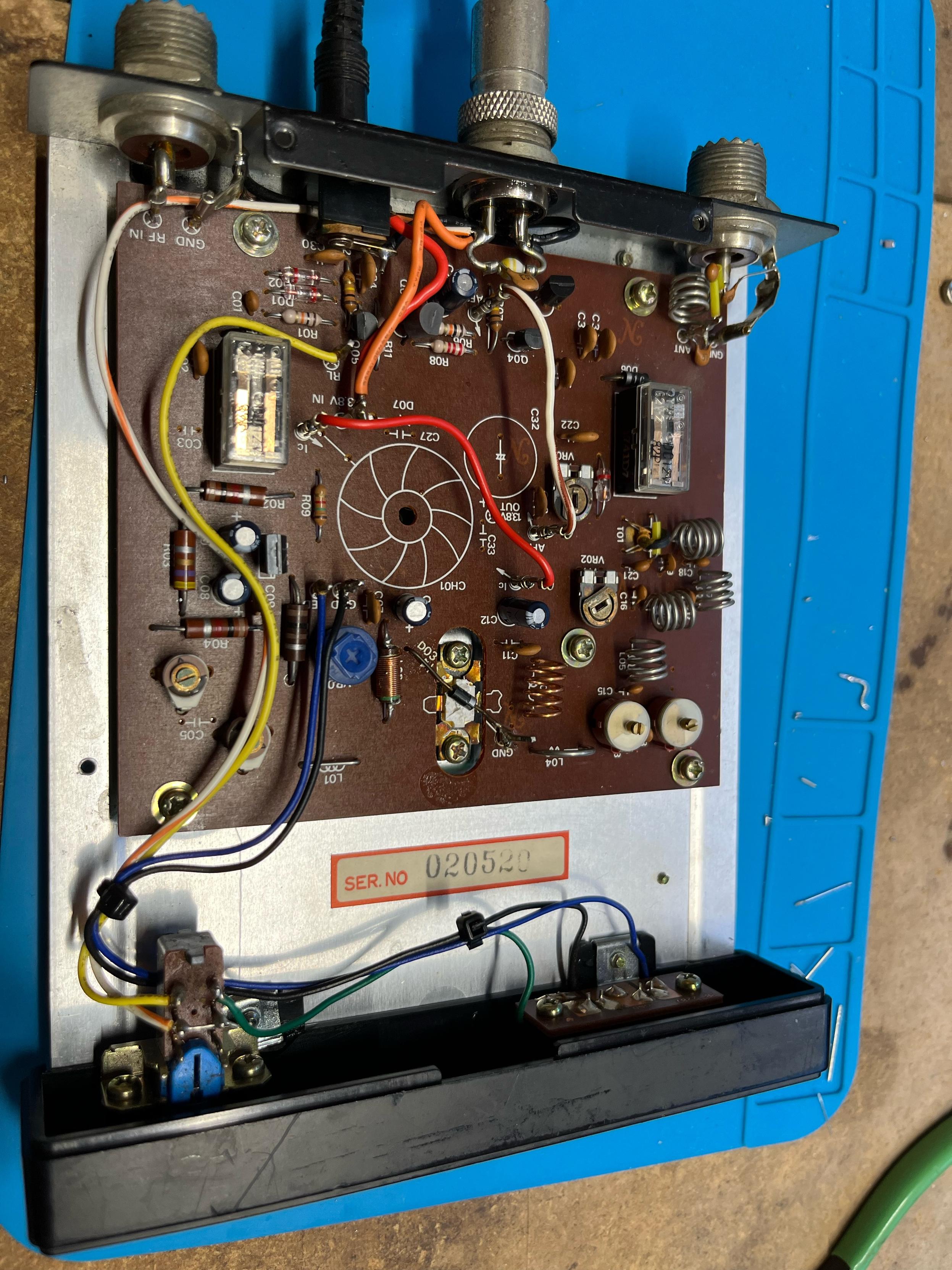 Internals of 2m Yaesu linear amplifier showing circuit board. Note: missing parts were never installed and nothing has been removed.