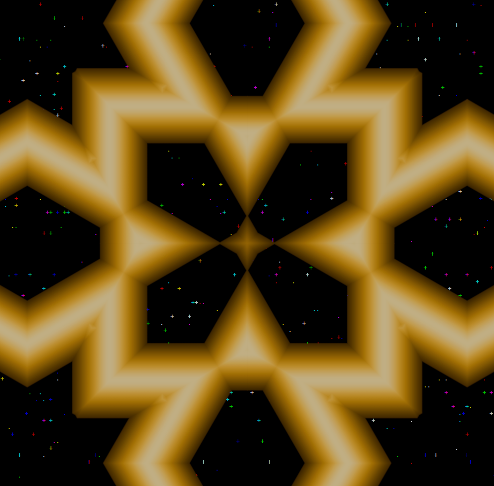 Giant structure of solid gold bars networked together in a symmetrical pattern, in front of a black background full of stylized stars made from colored plus and dot characters