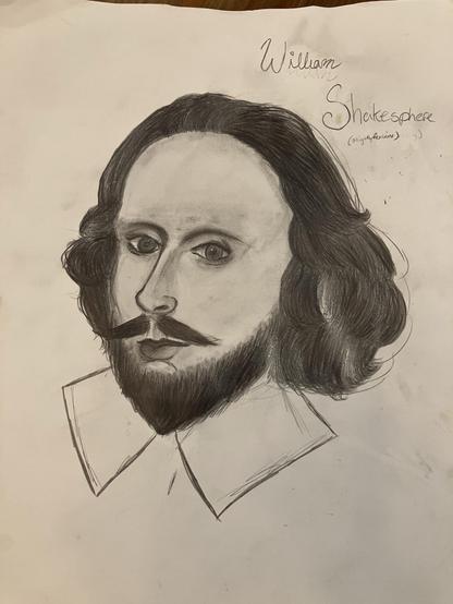 A pencil drawing of William Shakespeare, featuring long hair, a mustache, and a beard, with a prominent collar. The name "William Shakespeare" is written above, accompanied by the note "slightly feminine."