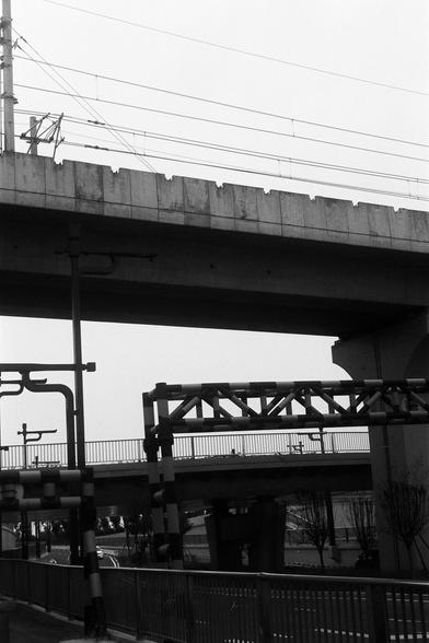 FUJIFILM NEOPAN F (FF)

English Alt Text:
A black-and-white photo of a multi-layered urban infrastructure. At the top, a concrete railway bridge with overhead electric lines carries trains. Beneath it, a second bridge with metal railings likely serves cars or pedestrians. Below that, large industrial pipes run horizontally, supported by vertical beams. At street level, a fenced pedestrian walkway with leafless trees suggests winter or early spring. The monochrome palette emphasizes the textures…