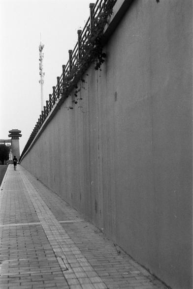 FUJIFILM NEOPAN F (FF)

English Alt Text: A monochrome photo shows a long, tall concrete wall running parallel to a paved sidewalk. A person walks alone in the distance, dwarfed by the imposing structure. The wall has a railing on top, with some plants hanging over. Behind the wall, a tall communication tower rises into the sky. The perspective emphasizes depth and scale, creating a feeling of isolation and urban quiet. The scene is stark and minimal, with strong lines guiding the viewer’s eye.…