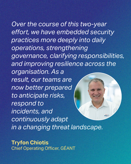 Quote by Tryfon Chiotis, Chief Operating Officer, GÉANT on the ocassion of GÉANT ISO/IEC 27001:2022 certification