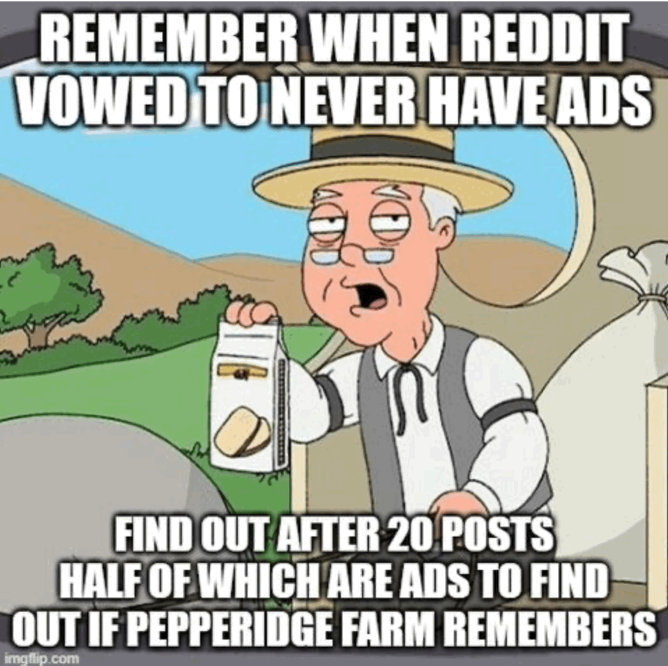 Pepperidge Farm Remembers meme.
Remember when Reddit vowed to never have ads?
Find out after 20 posts, half of which are ads, to find out if Pepperidge Farm remembers.