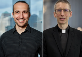 A photo of two men. One in a black shirt. The other in a clerical collar and shirt. 