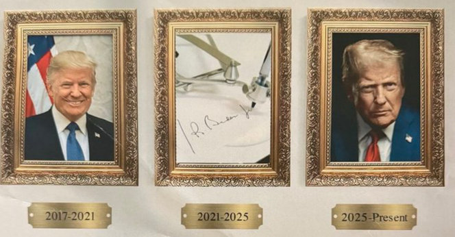Stukje portrettengalerij van de presidenten in het Witte Huis. Links en rechts Dementia Donald,  het portret van Joe Biden (midden) is door DD vervangen door een foto van een autopen. 