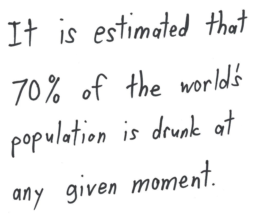 It is estimated that
70% of the world's
population is drunk at
any given moment.