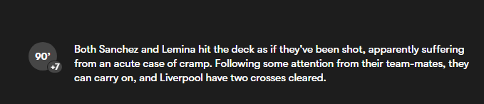 Both Sanchez and Lemina hit the deck as if they've been shot, apparently suffering from an acute case of cramp. Following some attention from their team-mates, they can carry on, and Liverpool have two crosses cleared.
